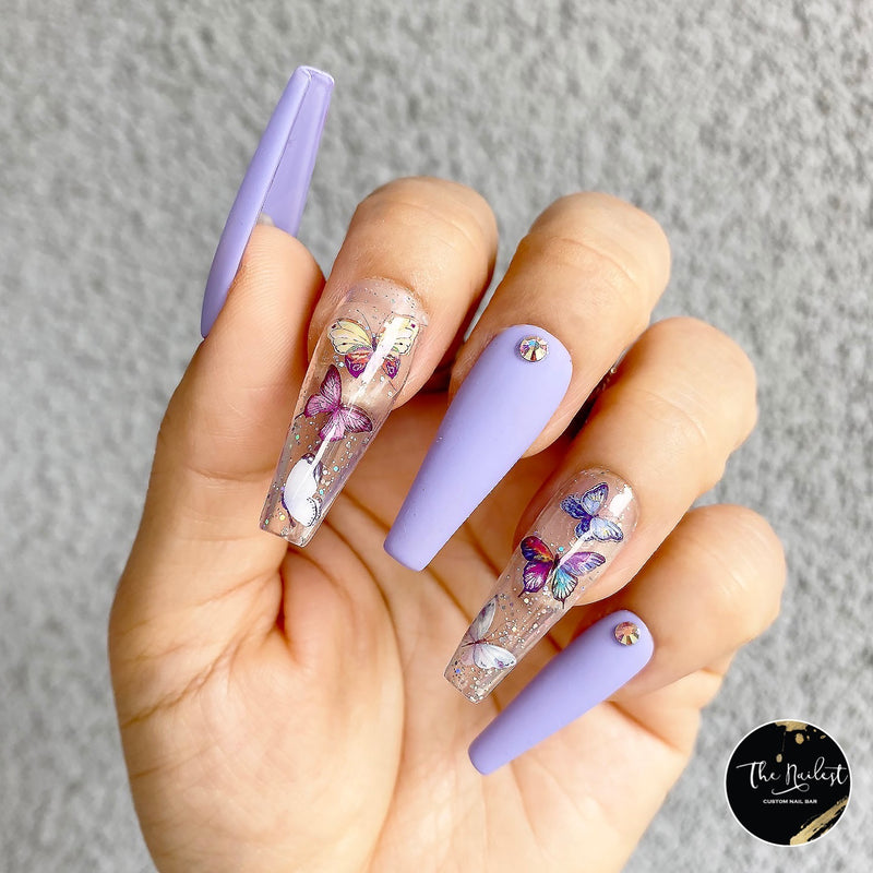 Handmade- Pulelehua Matte Purple w/ Glossy Butterfly Crystal Accent Press On Nail Set