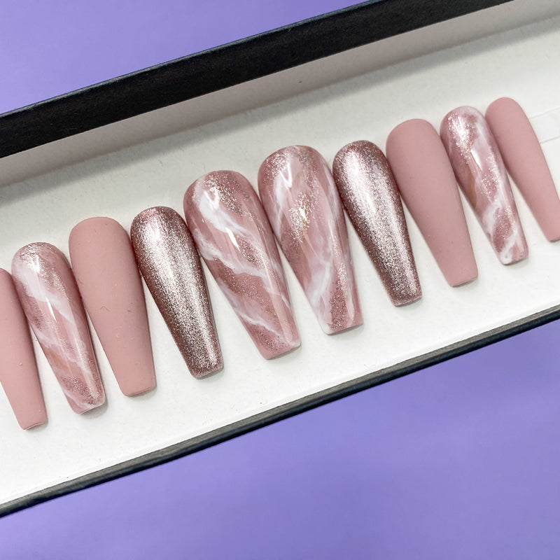Handmade- First Love Matte Nude Pink Shimmery Marble Press On Nail Set
