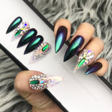 HANDMADE- TIA! PEACOCK GLOSSY CHAMELEON CHROME IRIDESCENT FOIL FLAKES W/BING CRYSTAL ACCENTS
