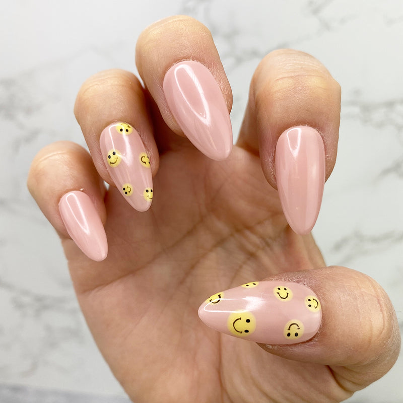 Handmade- Classic Soph Pink Base w/ Smiley Face Detail Press On Nail Set
