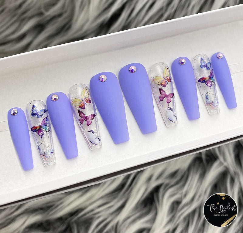 Handmade- Pulelehua Matte Purple w/ Glossy Butterfly Crystal Accent Press On Nail Set