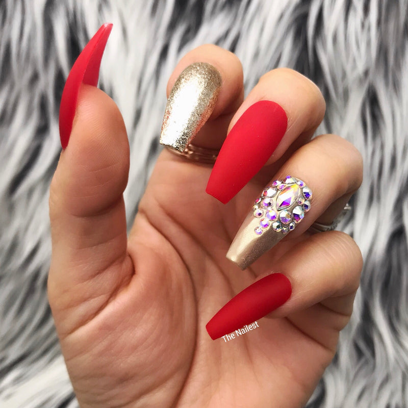 nails with rhinestones red｜TikTok Search