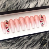 Handmade- Cherry Pop Soph Pink Baby Boomer Ombre W/ Red Cherry Bling Press On Nail Set