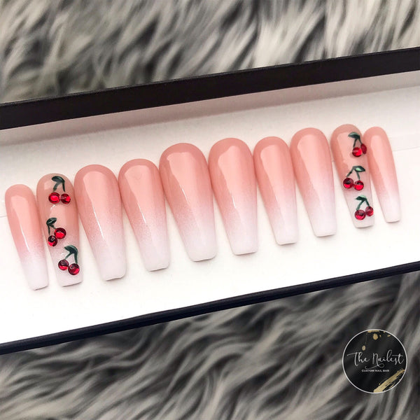 Handmade- Cherry Pop Soph Pink Baby Boomer Ombre W/ Red Cherry Bling Press On Nail Set