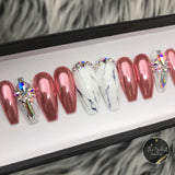 Handmade- Magenta, Jade, Lilac, Rosie Chrome Marble Bling Crystal Press On Nail Set