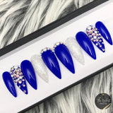 Handmade- Glossy #1 Blue Pearl Glitter Bling Crystal Press On Nail
