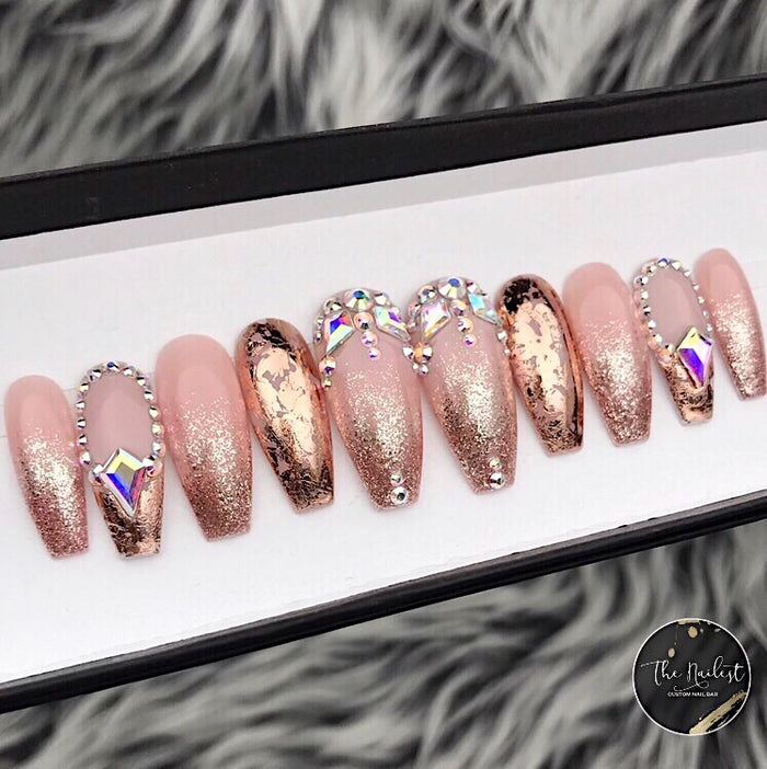Pink and Rose Gold Foil Ombre Nails with Bling