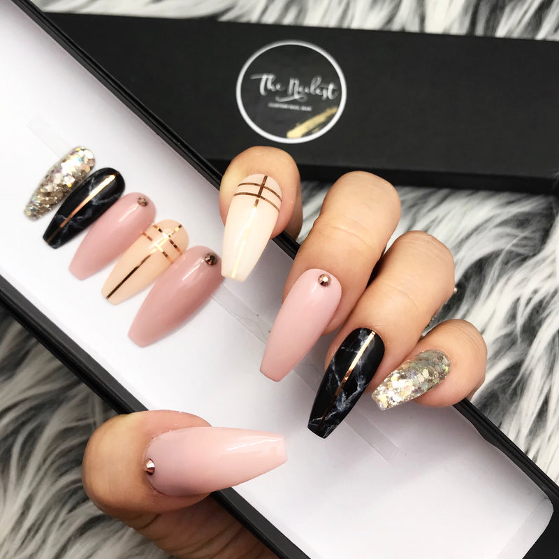 Handmade- Love Me Tender Soph Pink Gold Accent Black Marble Bling Crystal Press On Nail Set