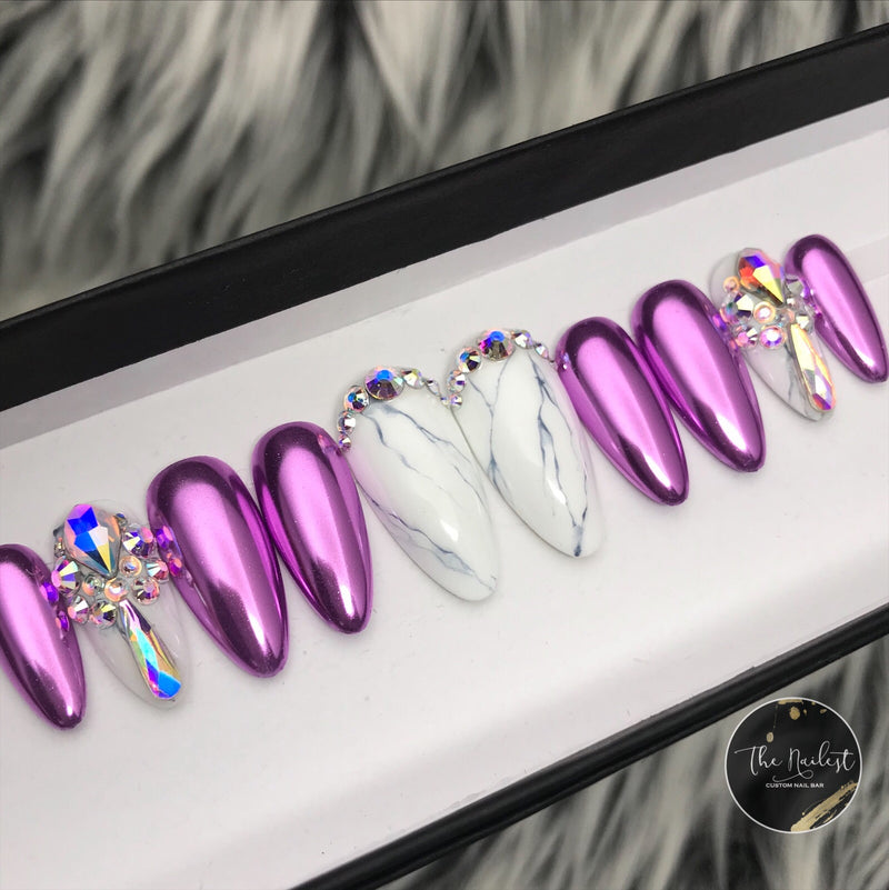 Handmade- Magenta, Jade, Lilac, Rosie Chrome Marble Bling Crystal Press On Nail Set