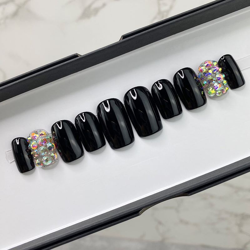 Ready To Ship Set Now- Solid Black Glossy w/ Bling- Square, Size M