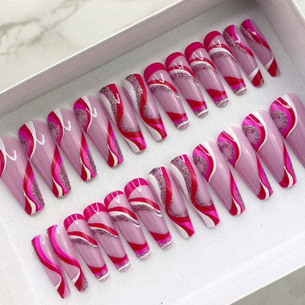 Instant Glam- Pink Disco Wave- C-Curve Long Coffin Press On Nail Set