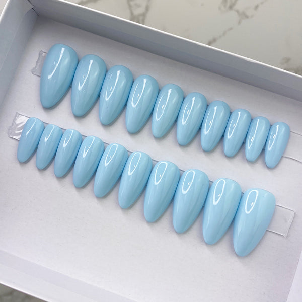 Ready To Ship Now - Solid Baby Blue Glossy, Almond, Full Set