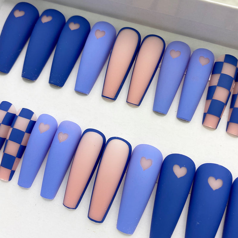 Instant Glam- iHeart and Checker- Blue C-Curve Long Coffin Press On Nail Set