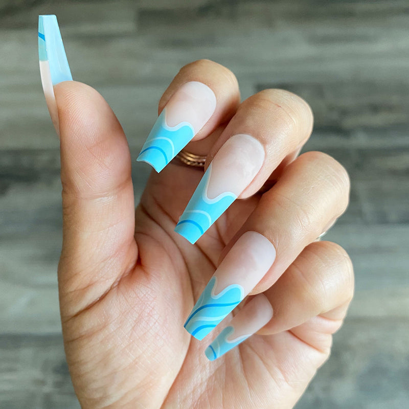 Instant Glam- Blue Swells- C-Curve Long Coffin Press On Nail Set