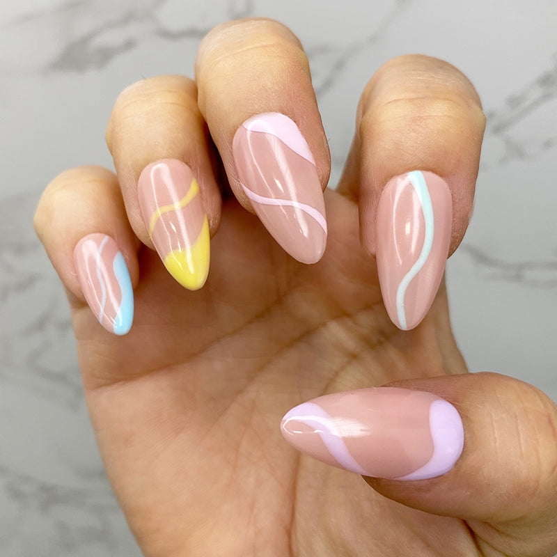 Handmade- Prismatic Wave, Multi Pastel and Beige Swirl Press On Nail Set