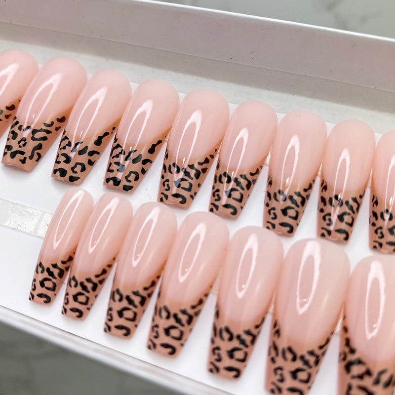 Instant Glam- Leopard Fever- Animal Print French Detail Medium Coffin Press On Nail Set